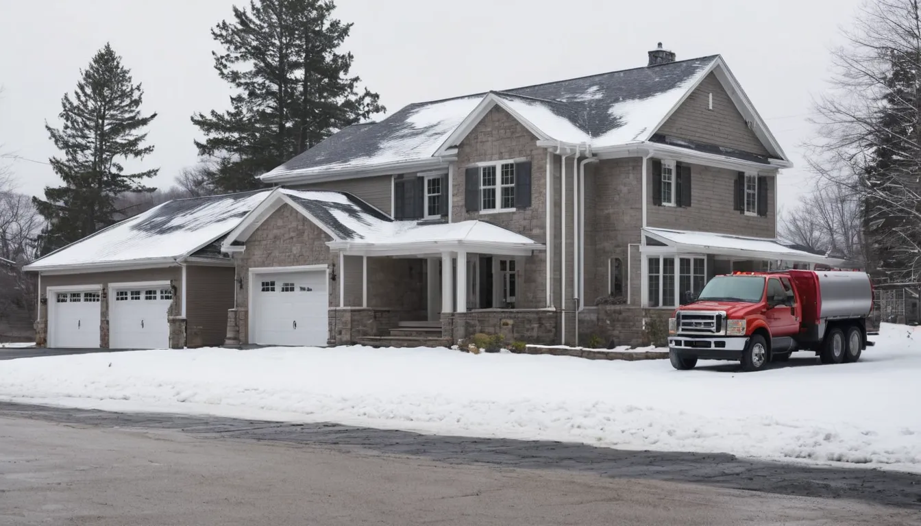 A septic provider's pump truck parked beside a Haverhill home in winter